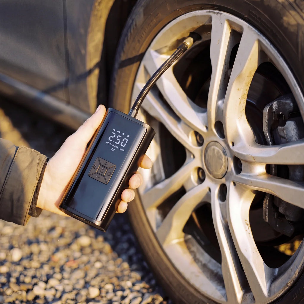 Volktr Air Pro inflating a car tire with hose connected, digital LCD showing PSI reading